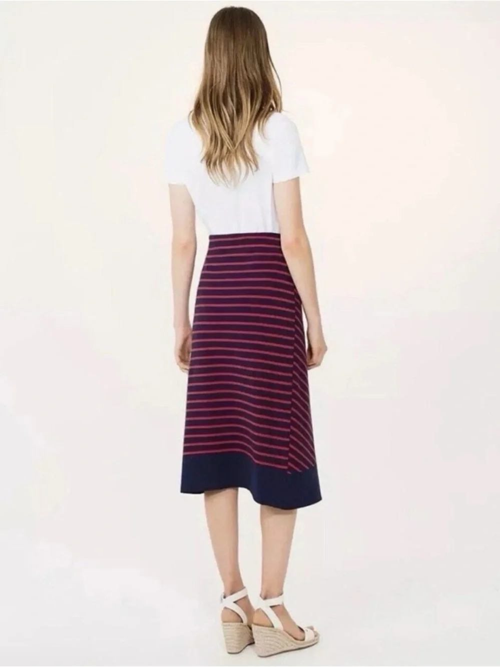 Tory Burch Anya‎ Knit Faux Wrap Medium Navy Blue Nantucket Red A-Line Midi Skirt